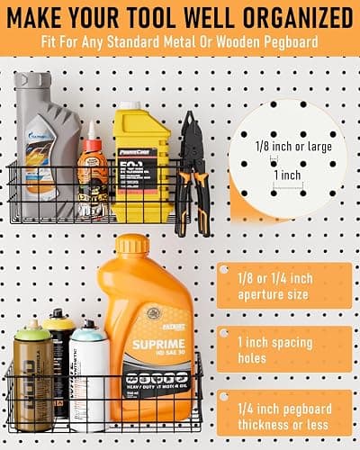 INCLY 4 Pack Pegboard Baskets Bins Set, 4 Size Square Style Black Metal Wire Basket for Any Peg Board Organizing Tools, Pegboard Accessories for Workbench Garage Wall Storage Attachments thumbnail 7