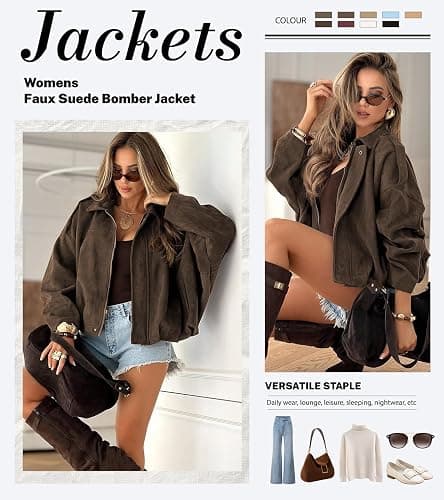 Bnigung Womens Faux Suede Bomber Jacket Oversized Long Sleeve Cropped Coat | Lightweight Going Out Suede Jackets, 2 Pockets, Lapel Collar, Batwing Sleeve, Zip up, Outerwear for Casual Daily Vacation thumbnail 5