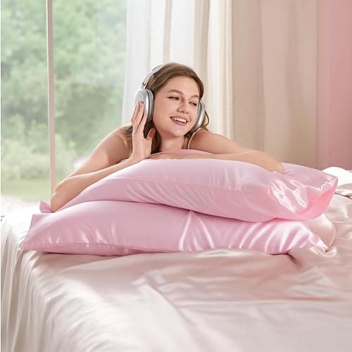 Bedsure Satin Pillowcase for Hair and Skin Queen, Similar to Silk Pillow Cases, Pillow Cases Set of 2 with Envelope Closure, Pink Christmas Room Decor Essentials, 20x30 Inches, 2pcs thumbnail 2