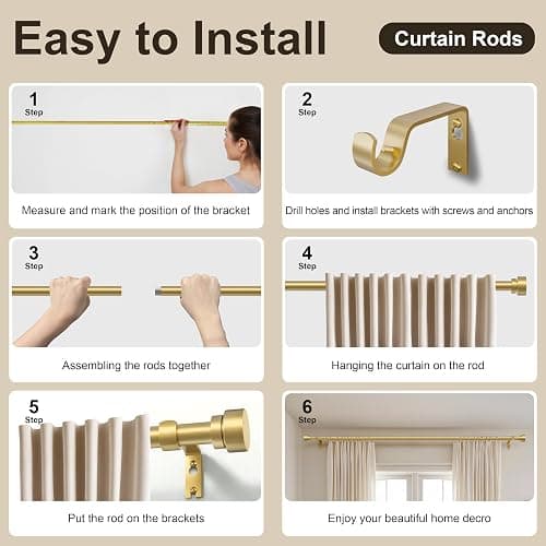 PORTRES Gold Heavy Duty Curtain Rods for Windows 66 to 120 Inches Adjustable Length 1" Diameter Brass Curtain Rod with Modern Decorative Finials for Outdoor Bedroom Kitchen Living Room thumbnail 9