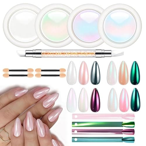 modelones Chrome Nail Powder Pearl Chrome Powder for Nail Magic White Glazed Chrome Nail Powder Mirror Effect Holographic Aurora Iridescent Pearlescent Manicure for 3D Sculpting Nail Art 4 Colors - Image 1
