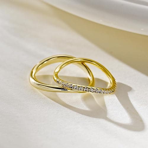 Kainier 2pairs Stacking Rings for Women 1mm 14K Gold Plated CZ V-Shaped Wavy Band Thin Pinky Thumb Stackable Ring Set Dainty Non Tarnish Comfort Fit Size 5 to 10 thumbnail 7