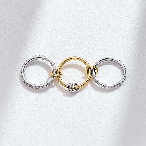 AllenCOCO 14K Gold Plated Stackable Rings, 3 Ring Set with CZ Cubic Zirconia, Gold & Silver Stacked, Interlocking Band for Women Statement thumbnail 3