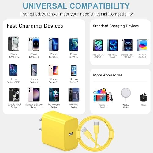 iPhone 17 16 15 Charger Fast Charging Type C Chargers USB C Charger Block iPhone Air Chargers with 2 Pack 6FT Cable for iPhone 17/17 Plus/17 Pro Max/16/16 Plus/16 Pro Max/15 Pro Max/iPad Pro(Yellow) thumbnail 4