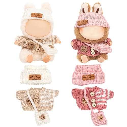 Doll Clothes for 17cm Plush Dolls, 2 Sets of Lu-bubu Doll Knitted Outfit Dress Up Clothing Set Doll Accessories, Not Include Dolls (White and Pink) - Image 1
