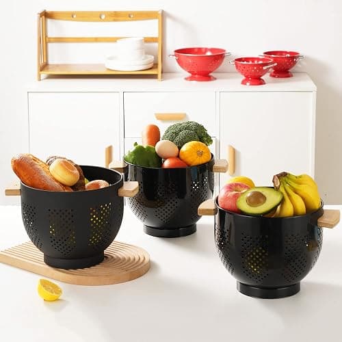 Metal Colander with Wood Handle and Stable Base, Powder Coated Steel Kitchen Strainer Basket for Draining Pasta, Vegetable and fruit(5.5quart,Matte Black) thumbnail 5