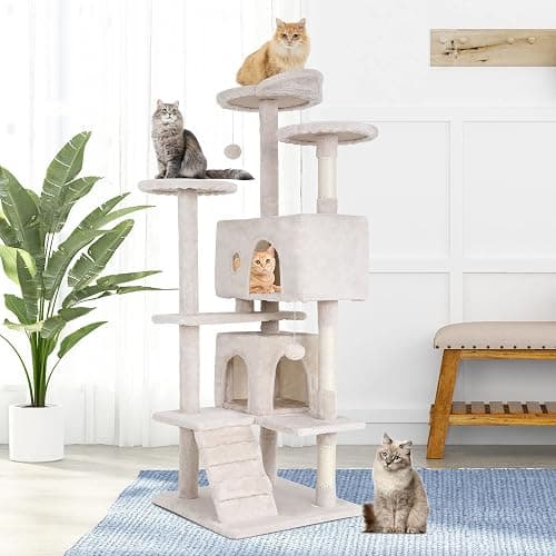 BestPet | 54" Cat Tree Tower | Beige | Sturdy, Easy to Assemble, Multi-Level Activity Center with Sisal Scratching Posts, Condos, Perches, Hanging Cat Toys, Observation Decks & Ladder thumbnail 2