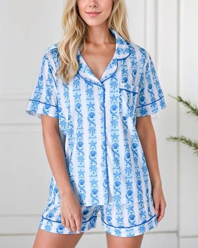 GZDINH Women's 2-Piece Pajama Set Palm and starfish Print Sleepwear Breathable Short Sleeve for Birthday Gift thumbnail 3