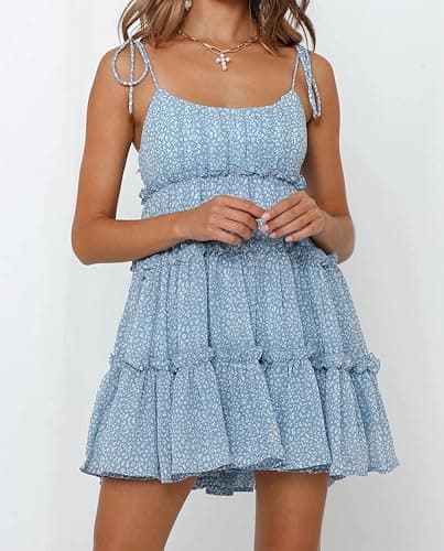 Mansy Womens 2025 Summer Floral Mini Dress Boho Flowy Skater Dresses Short Sleeveless Ruffle Spaghetti Strap Dress thumbnail 3