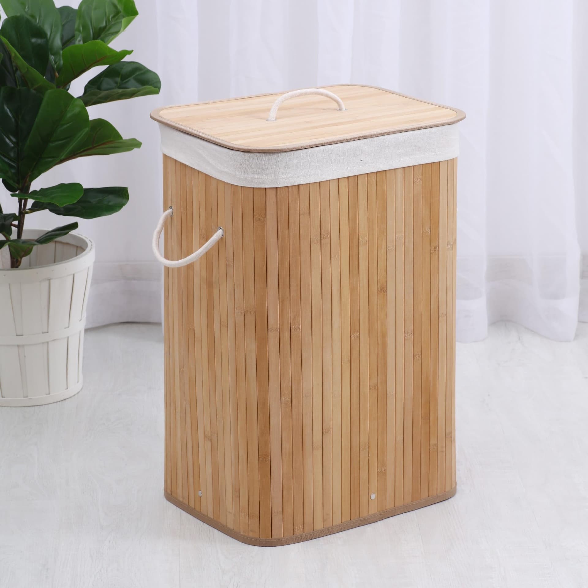 Sherwood Home Rectangular Collapsible Bamboo Folding Laundry Basket Washing Bin Hamper Cotton Handles, Breathable Liner, Lightweight and Durable Ideal for Bathroom & Home Organization - 40 x 30 x 60CM thumbnail 3