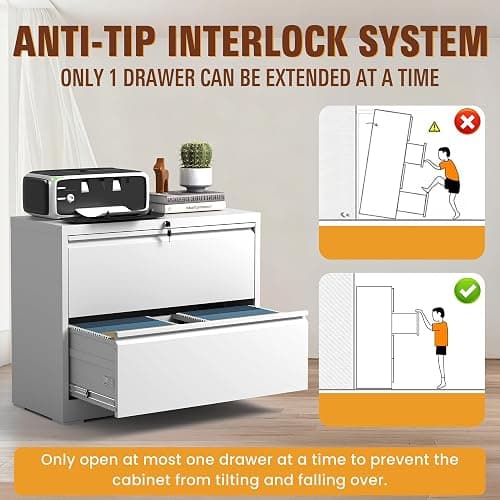 2-Drawer Lateral File Cabinet with Lock, Black Metal Filing Cabinet for Office or Home – Secure Storage for Letter/Legal/A4/F4 Documents, Easy to Assemble Locking File Organizer (White, 2 Drawer-26"W) thumbnail 6