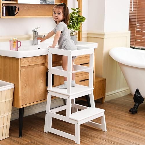 Kids Kitchen Step Stool for Kids with Safety Rail,Solid Wood Construction Toddler Learning Stool, Montessori Toddlers Kitchen Stool Tower (White) thumbnail 5
