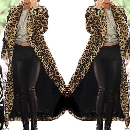 Women's Sexy Elegant Vintage Leopard Print Lapel Faux Fur Long Maxi Coat Jacket - Coffee 1 - X-Large thumbnail 6
