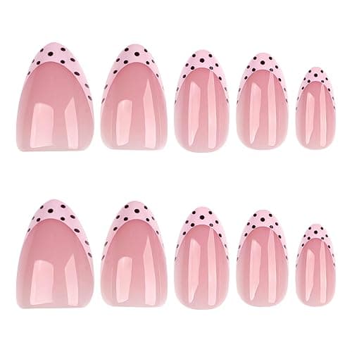 Stbisen Medium Short Almond Press On Nails, Milky Nude Fake Nails with Pink French Tips and Brown Polka Dot Design, Glossy Reusable Glue On Nails for Women Daily Wear Date Night, 24PCS thumbnail 2