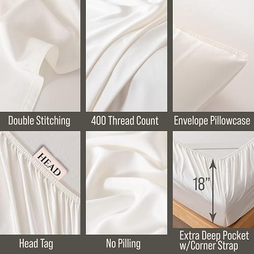 Bella Coterie Luxury Bamboo Viscose Queen Size Sheet Set | 100% Organically Grown | Ultra Soft | Cooling for Hot Sleepers | 18" Deep Pocket [Ivory] thumbnail 3