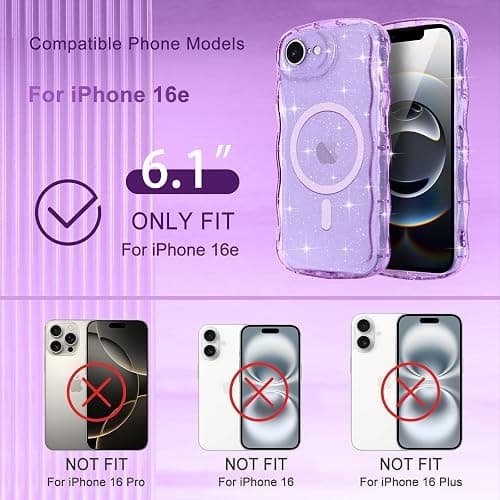Pepmune Magnetic for iPhone 17e/16e Case Clear, Sparkly Bling Glitter Cute Curly Wave Transparent Cover for Women Girls Compatible with MagSafe TPU Shockproof Phone Case for iPhone 16e/17e, Purple thumbnail 2