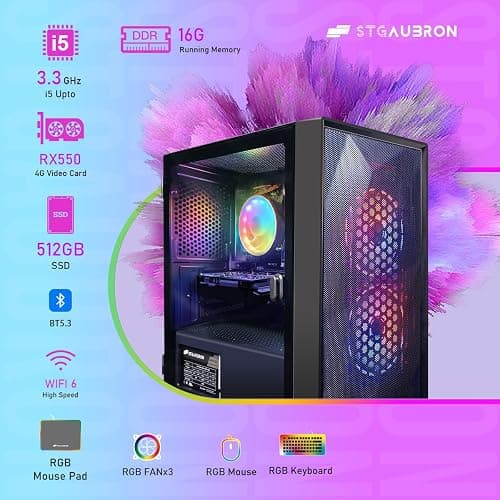 STGAubron Prebuilt Gaming PC Desktop, Radeon RX 550 4G, Intel Core i5 up to 3.7GHz, 16G RAM, 512G SSD, WiFi 6, BT 5.3, RGB Fan x2, Windows 11 Home thumbnail 5