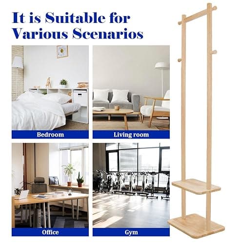 GZQXHOME Wooden Coat Rack Freestanding,Hall Tree with Sturdy Base,Clothing Rack for Hanging Clothes,Small Clothes Rack with 3 Storage Shelves,Space Saving for Entryway, Hallway, Bedroom (Natural) thumbnail 4