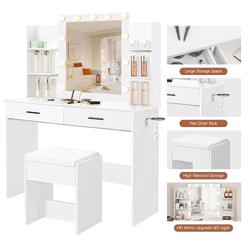 KAMABOKO Vanity Desk with Lighted and Mirror, White Makeup Table with Drawers and Charging Station, 3 Model Adjustable for Bedroom & Dressing Room (010 White) thumbnail 7