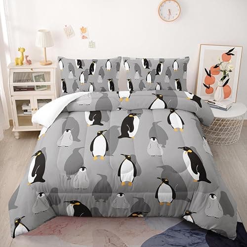 XYNHML Cartoon Penguin Comforter 3Pcs Queen Antarctic Wild Animal Bedding Set for Kid Teen Girl Boy Adult Grey White Black Cute Penguins Wild Safari Quilt Bed Decor with 1 Comforter and 2 Pillowcases thumbnail 9