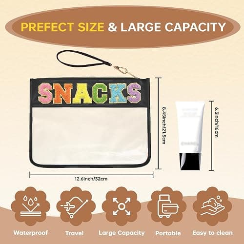 Burskit Snacks Bag Clear Chenille Varsity Letter Zipper Pouch Travel Makeup Bag Aesthetic Storage Organizer Pouches for Women with Glitter Patch Letters (Black-Snacks) thumbnail 2