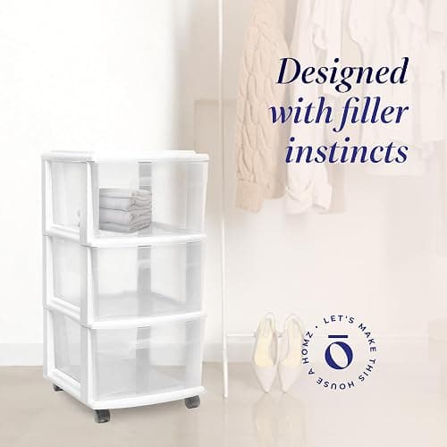 HOMZ Drawer Tower, 3-Tier Clear Plastic Storage Organizer Cart, White Frame - Heavy-Duty Organizing Drawers for Home, Bedroom, and Closet Organization thumbnail 4