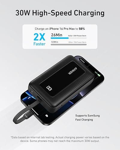 Anker Zolo Power Bank (2025 Upgraded Version), 20,000mAh 30W High-Speed Portable Charger with Built-in USB-C Cable, Battery Pack for iPhone 17/16 / 15 Series, Galaxy, and More thumbnail 3