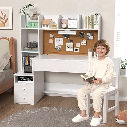 NKUGCFC 43 inch Kids Study Desk and Chair Set with Storage Hutch and LED Light, White Girls Desk with 4 Drawers for Child's Bedroom, Ideal for Homework for Ages 8-12 thumbnail 4