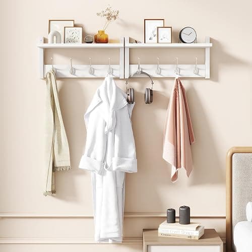YMYNY Coat Rack Shelf Wall Mounted, Coat Hooks Set of 2, Entryway Coat Hanger with 4 Double Hooks, 31.5" Wall Floating Shelf with Hat Rack, for Kitchen, Bedroom, Bathroom, White UHWS001W-2 thumbnail 5