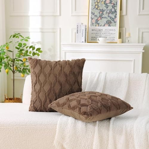 WHATWEARS 18" x 18" Decorative Throw Pillow with Inserts, Set of 2 Soft Faux Fur Throw Pillows, Square Boho Pillow for Couch, Bed, Sofa Decor, Coffee thumbnail 2