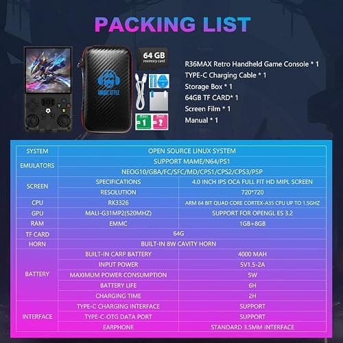 R36MAX Retro Handheld Game Console, 4.0 Inch 720x720 IPS Screen, 64GB Built-in 18,000+ Classic Game, Portable Hand Held Open Source Linux System, 4000mAh Battery Retro Gaming Console(Black 64GB) thumbnail 9