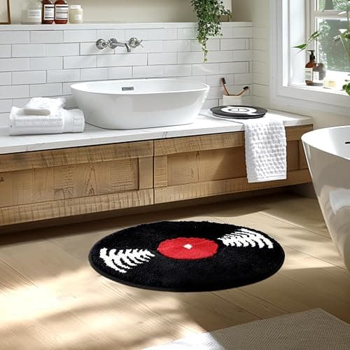 Vinyl Record Bath Mat Music Round Rug Retro Tub Bath Rug Non Slip Washable Funny Bathroom Decor Absorbent Tufted Rug Carpet for Bedroom Living Room Music Theme Decor Black and White 23.5" thumbnail 5