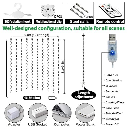 ZSJWL 300 LED Curtain Fairy Lights with Remote, 8 Modes 9.8 × 9.8 Ft Curtain String Light USB Plug in, Twinkle Copper Wire Lights for Bedroom Window Chrismas Wedding Party, Warm White thumbnail 5