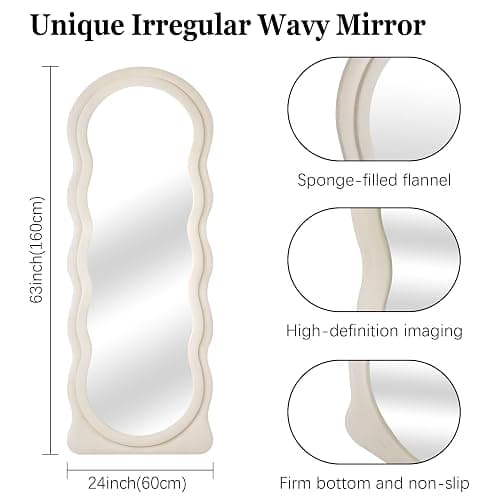 CILIBER Wavy Mirror Full Length, 63" x 24" Irregular Mirror, Large Wall Mirror Wave Pattern, Flannel Wrapped Wooden Frame Full Body Mirror Hanging or Leaning Against The Wall for Bedroom, Living Room thumbnail 2