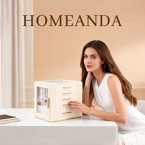 Homeanda Jewellery Box, Large 5-Layer Organiser Case with Glass Lid, Beige | Modern PU Leather Case with Drawers & Side Necklace Hooks, Velvet Organiser for Rings & Earrings, Gift for Women & Girls thumbnail 3