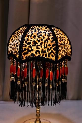Rynbble Vintage Leopard Print Table Lamp with Black Tassels & Red Beads, Victorian Style Nightstand Lamp, Gold Brass Base, Retro Bohemian Accent Light for Bedroom, Living Room, Home Office thumbnail 7