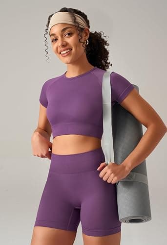 OLCHEE Womens Workout Sets 2 Piece - Seamless Acid Wash Yoga Outfits Shorts and Crop Top Matching Gym Athletic Clothing Set thumbnail 3