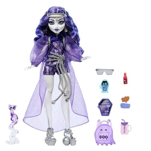 Monster High Spectra Vondergeist Doll with Pet Ferret Rhuen and Accessories like Backpack, Tablet, Snacks and More, HXH77 - Image 1