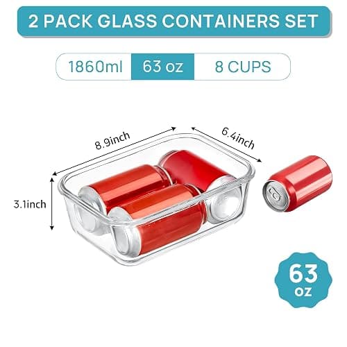 Vtopmart 2Pack 1860ml/63oz Large Glass Storage Containers with Lids, Meal Prep Food Container Set with Snap Airtight Lid for Baking, Microwave, Oven, Leak Proof, for Freezer, Dishwasher, Grey thumbnail 3