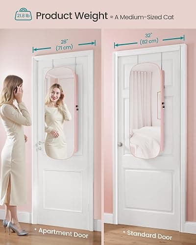SONGMICS Jewelry Organizer, LED Jewelry Cabinet Wall/Door Mounted, Lockable Rounded Wide Mirror with Storage, Christmas Gift 3.9 x 16.5 x 42.5 Inches, Jelly Pink Surface with Cream White Lining thumbnail 7