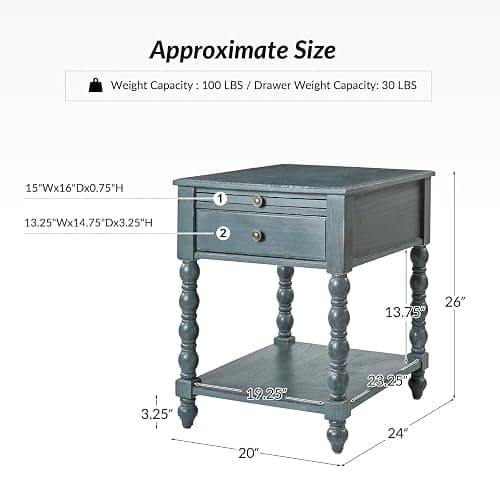 HULALA HOME Spindle Nightstands with Charging Station, Solid Wood Nightstand with Drawer Shelf, Side Table with Pull-Out Shelf (1, Blue) thumbnail 2