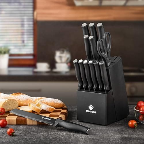 Knife Set, KUNYUAN 15 pieces Knife Sets for Kitchen,High Carbon German Stainless Steel Knife Block Set with Built in Sharpener Block,Dishwasher Safe Kitchen Knife Set, Black thumbnail 7
