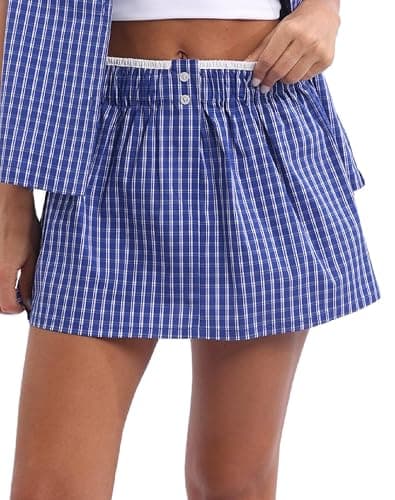 UAURORAO Women Gingham Boxer Skirt Y2k Plaid Checkered Mini Short Skirt E Girls Elastic Waistband Preppy Pencil Skirt - Image 1