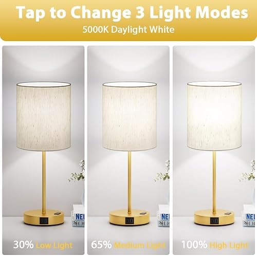 Gold Touch Lamps for Nightstand Set of 2 - Bedside Table Lamp for Bedroom with Dual USB Ports & AC Outlet, 3-Way Dimmable Lamps for Living Room Boys Room, Night Light with 5000K Daylight Bulbs thumbnail 3