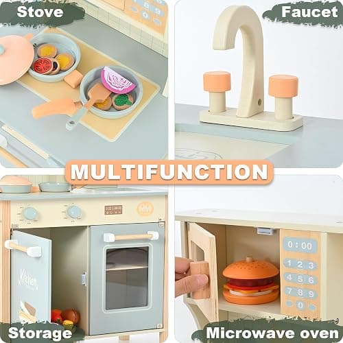 Play Kitchen for Toddlers, Kids Kitchen Playset Toy Kitchen Set, Toddler Kitchen Playset Wooden with with Faucet, Oven, Cookware Accessories thumbnail 3