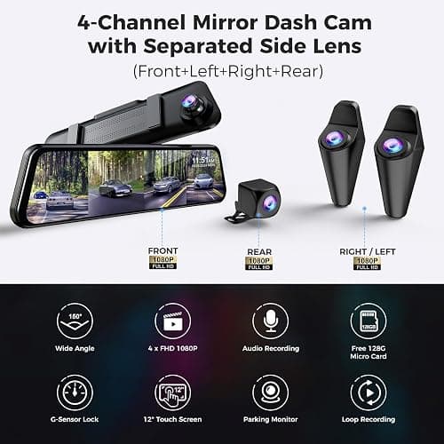 360 Degree View 4 Channel Mirror Dash Cam Detached Camera for Cars，Dash Cam Front and Rear Side(Left,Right),12'' Rear View Mirror Camera1080Px4,WiFi,Night Vision,GPS,Parking Monitor,Free 128GB Card thumbnail 2