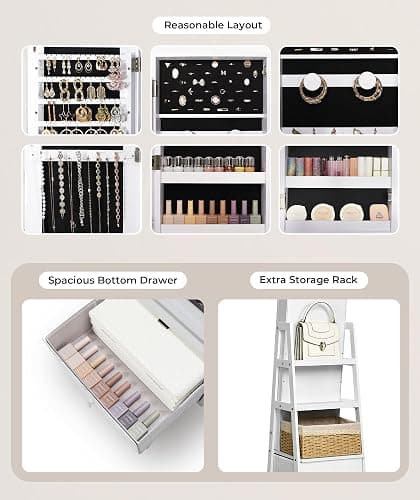 Nicetree 360°Swivel Jewelry Cabinet, Rotatable Full Length Mirror with Jewelry Storage, Standing Jewelry Armoire Organizer, Lockable Jewelry Organizer with 3 Rear Shelves, Bottom Drawer, Pure White thumbnail 7