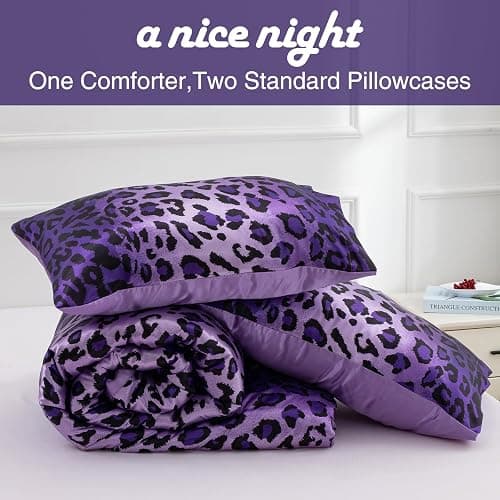 A Nice Night Leopard Printed，Satin Silky Soft Quilt Sexy Luxury Super Soft Microfiber Comforter Quilt Bedding Comforter Set Full/Queen, Light Weighted (Purple, Queen(88-by-88-inches)) thumbnail 2