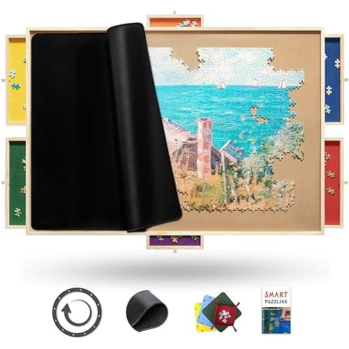 Rnice 1500 Piece Rotating Puzzle Board Pro, 35" x 26" with Drawers, Rubber Cover Mat, 360° Lasy Susan, Sort-Wise Colorful Felt Drawers & 4 Trays, Wooden Jigsaw Puzzle Table, Birthday Gifts for Mom - 1500 PIECES - Multicolored