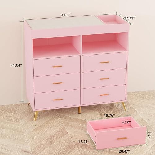 GarveeHome Dresser for Bedroom with 6 Drawers, Baby Changing Table Dresser with Changing Pad, LED Lights & Charging Station, Baby Changing Station with Changing Table Top, Pink - Pink thumbnail 3